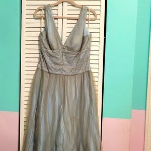 Cocktail dress, blue with taupe tulle overlay, back zipper, beaded waistline